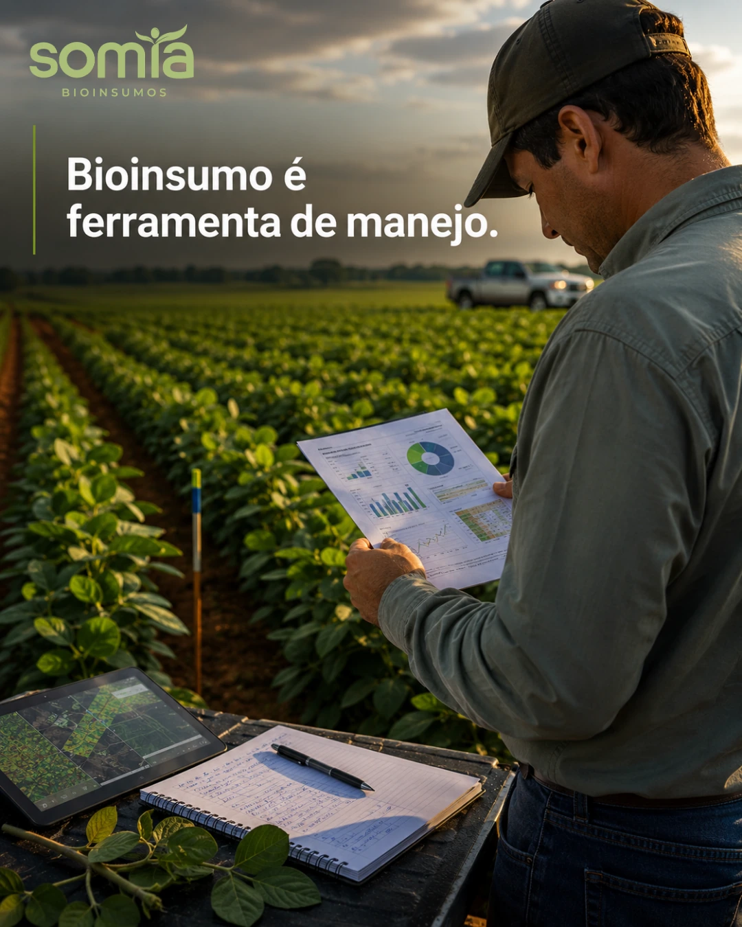 Peça SOMIA com profissional usando tecnologia no campo